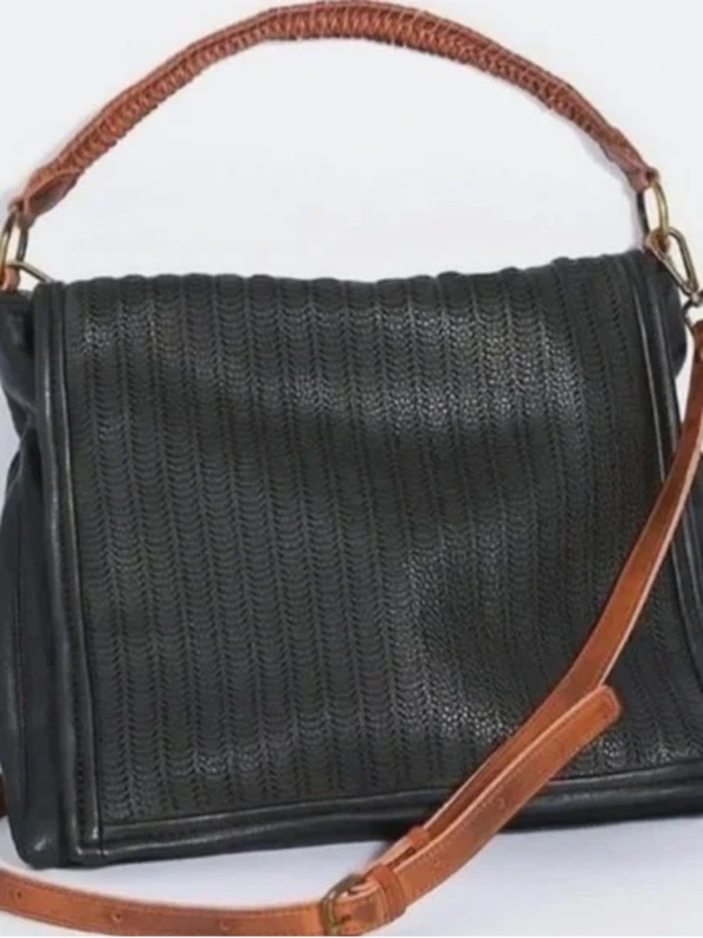 Free People Black Woven Shoulder Bag with Brown Strap